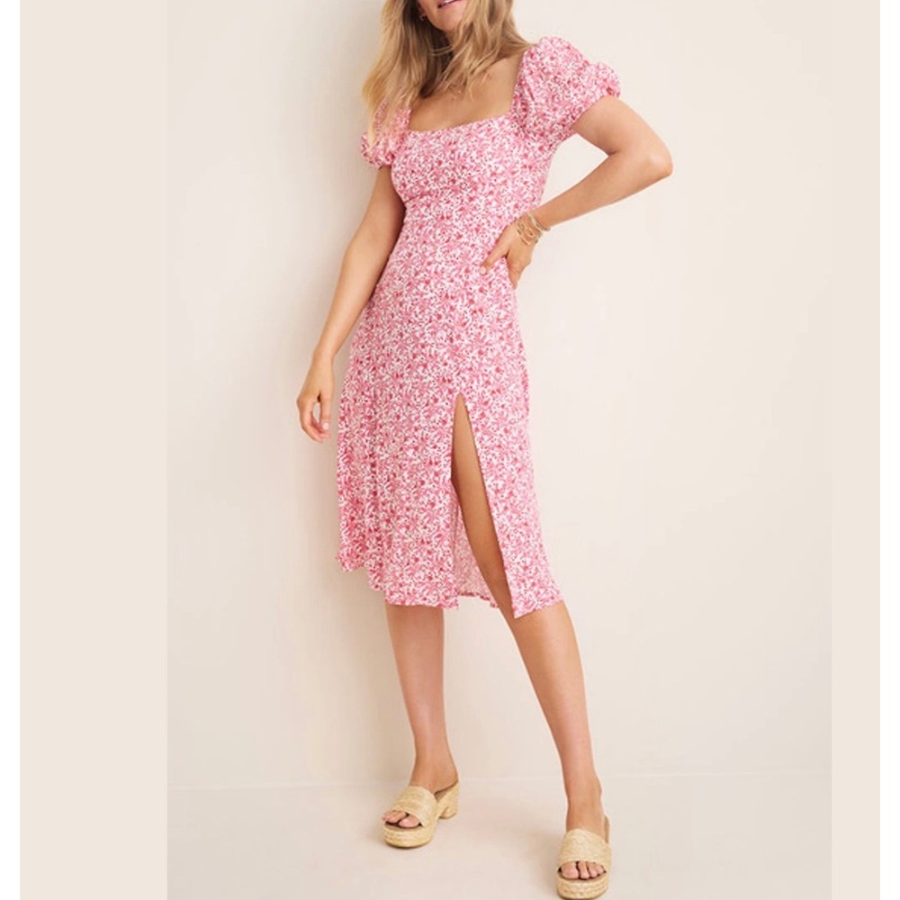Mi Ami Francesca's Tabitha Pink Floral Puff Sleeve Midi Dress Side Slit Small